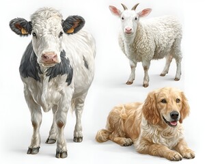 Fototapeta premium A digital painting of a cow, goat, and golden retriever are positioned together on a white background in an illustrative arrangement.