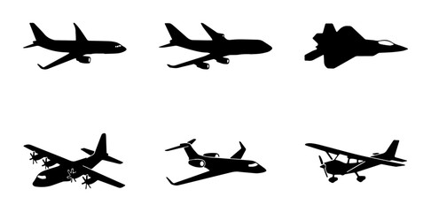 Diverse Aircraft Silhouettes Collection: Commercial Jets, Fighter Jet, Cargo Plane, Private Jet, Biplane Icons for Aviation and Travel Graphics © MdRiaz