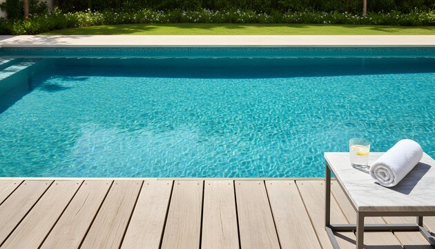 Opening public pools for summer enjoyment concept, featuring a pristine private backyard pool area with crystal clear water, wooden deck and white towel for refreshing luxury relaxation
