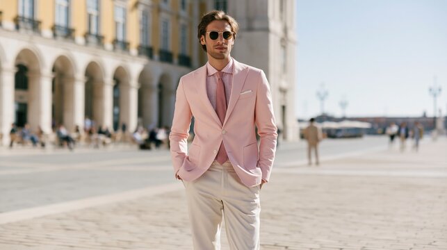 Un hombre posando con ropa de primavera en un entorno de ciudad