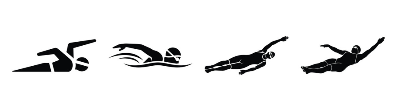 Collection of black summer backstroke swimmer silhouette simple vector icon set and summer icons concept.