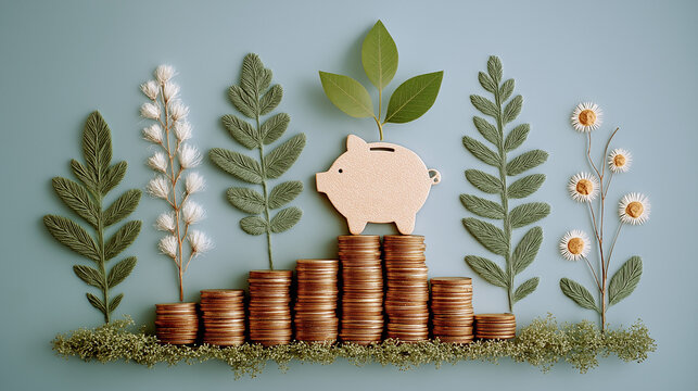Financial Growth: A visual metaphor of financial growth and prosperity, a wooden piggy bank sits atop stacks of coins, representing savings and investment growing with green leaves