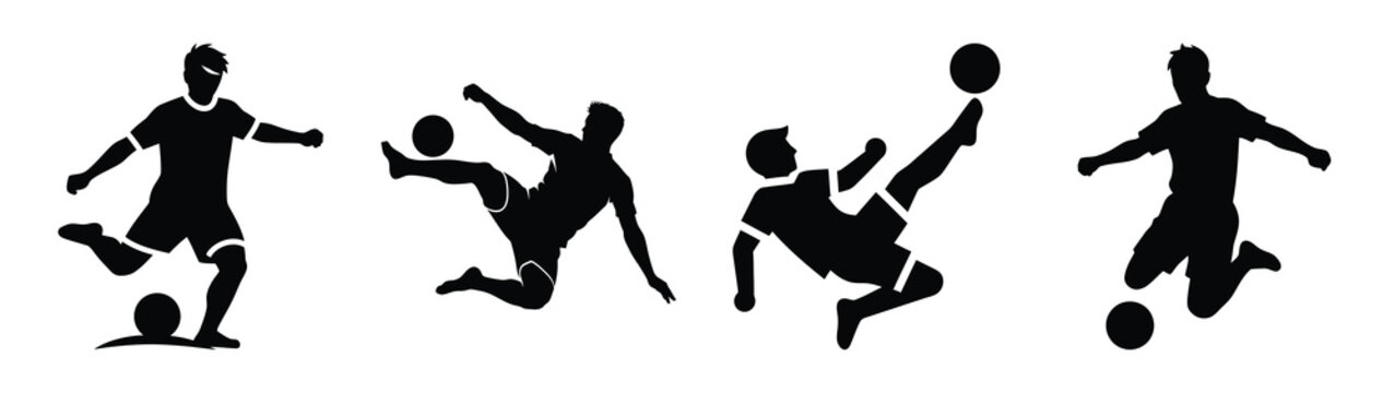 Collection of black summer beach soccer player silhouette simple vector icon set and summer icons concept.