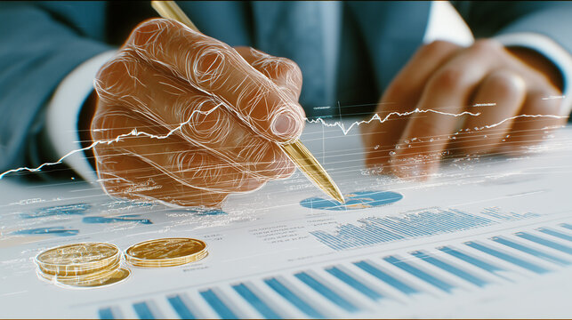 Financial Analysis: A detailed perspective on financial analysis, with a keen eye measuring and shaping the numbers on the table. A hand is poised with a pen, examining charts and calculations.