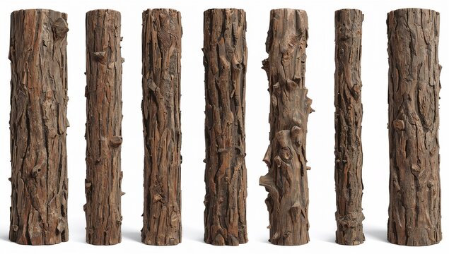 Hyperrealistic Set of Rustic Tree Trunks with Detailed Bark Textures Isolated on White Background