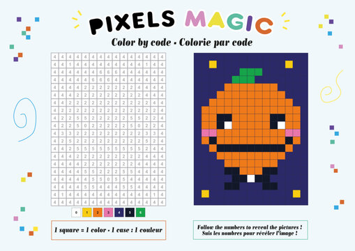 Pixel &agrave; colorier, coloriage num&eacute;rot&eacute;, citrouille souriante d'Halloween