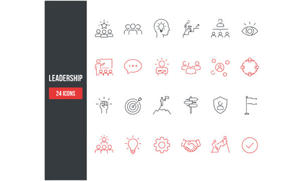 set of icons for leadership lines. Stroke is editable. The stock vector includes a leader, team, direction, confidence, and vision.
