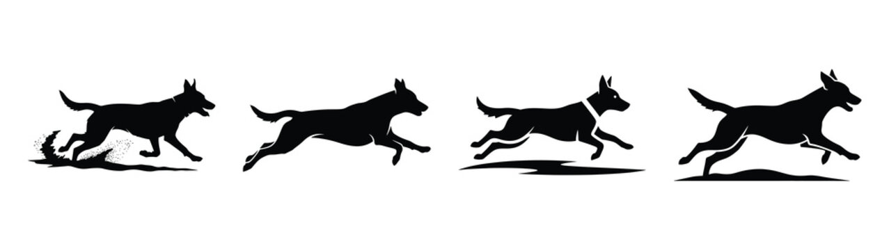 Collection of black summer dog running in silhouette simple vector icon set and summer icons concept.