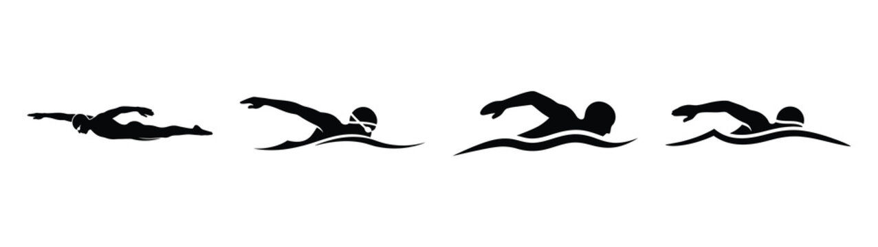 Collection of black summer freestyle swimmer silhouette simple vector icon set and summer icons concept.