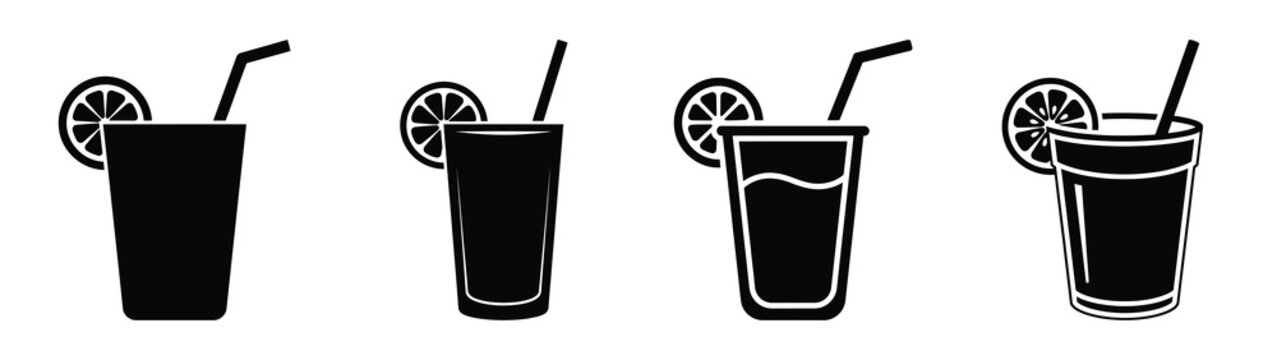 Collection of black summer fresh lemonade cup silhouette simple vector icon set and summer icons concept.