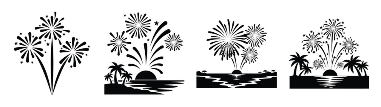 Collection of black summer holiday fireworks silhouette simple vector icon set and summer icons concept.