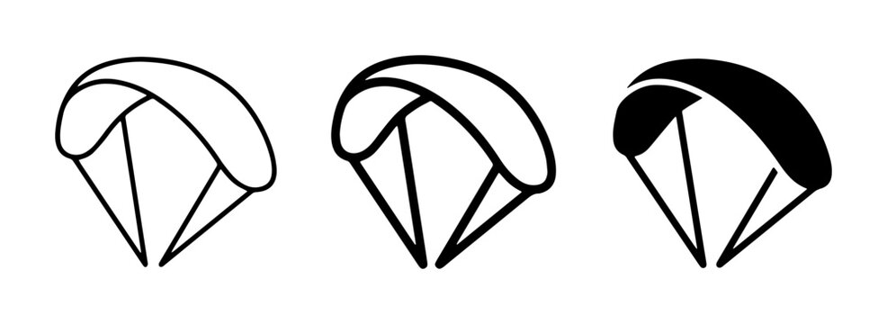 Parachute Icons Set: Outline and Solid Black Vector Graphics for Skydiving, Adventure, and Extreme Sports