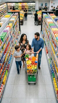 Fam&iacute;lia brasileira realizando compras mensais em supermercado moderno iluminado com carrinho cheio de alimentos variados e frescos
