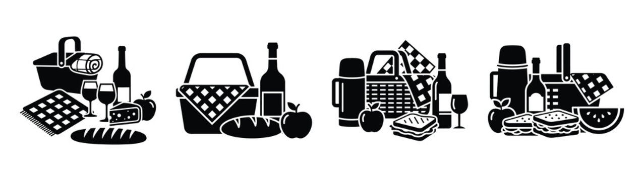 Collection of black summer picnic food set silhouette simple vector icon set and summer icons concept.