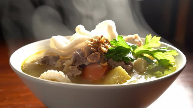 Steaming Hot Soto Betawi - A Delicious Indonesian Coconut Milk Soup with Beef and Vegetables.