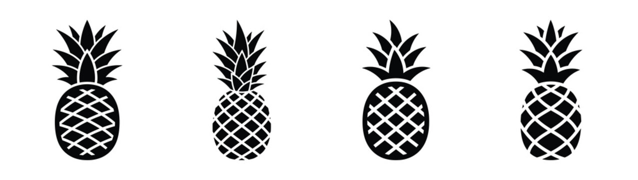 Collection of black summer pineapple pattern silhouette simple vector icon set and summer icons concept.