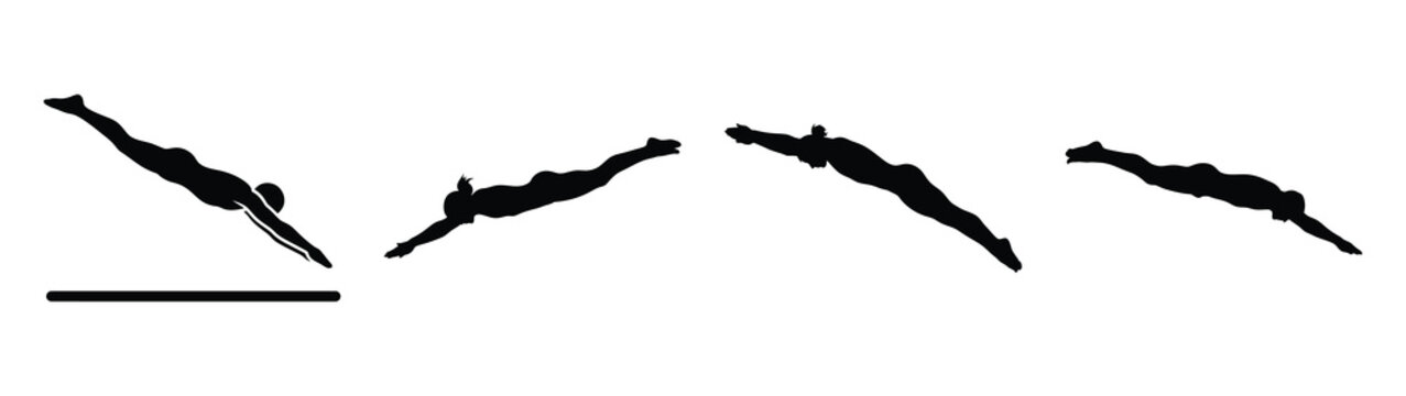 Collection of black summer pool diving silhouette simple vector icon set and summer icons concept.