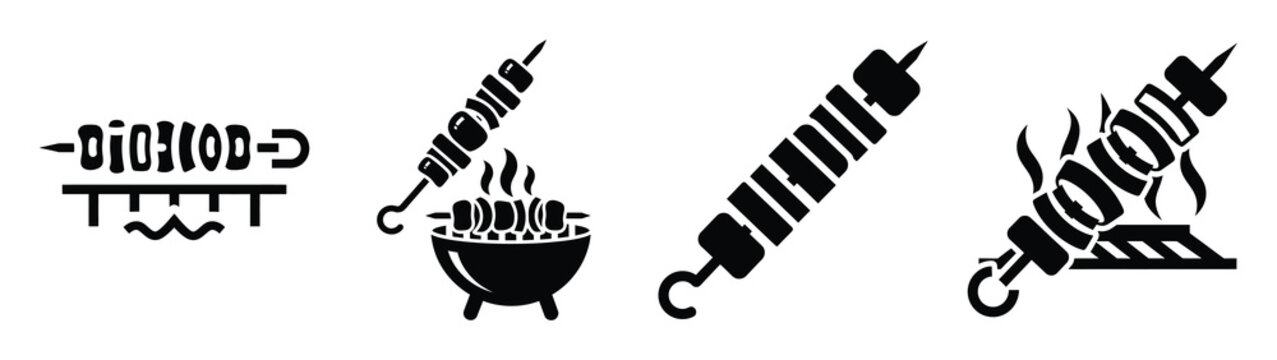 Collection of black summer skewer grilling silhouette simple vector icon set and summer icons concept.