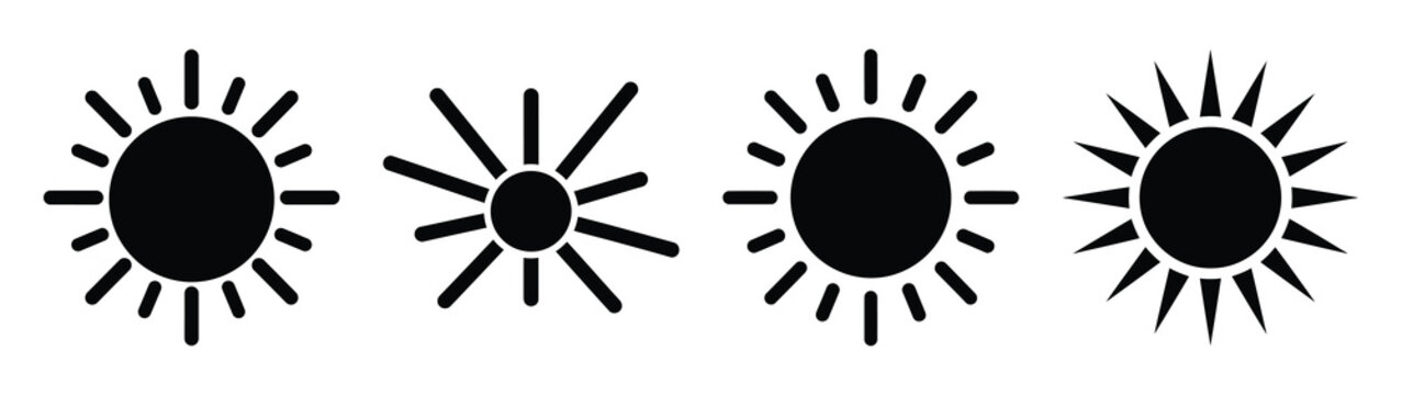 Collection of black summer sun rays pattern silhouette simple vector icon set and summer icons concept.