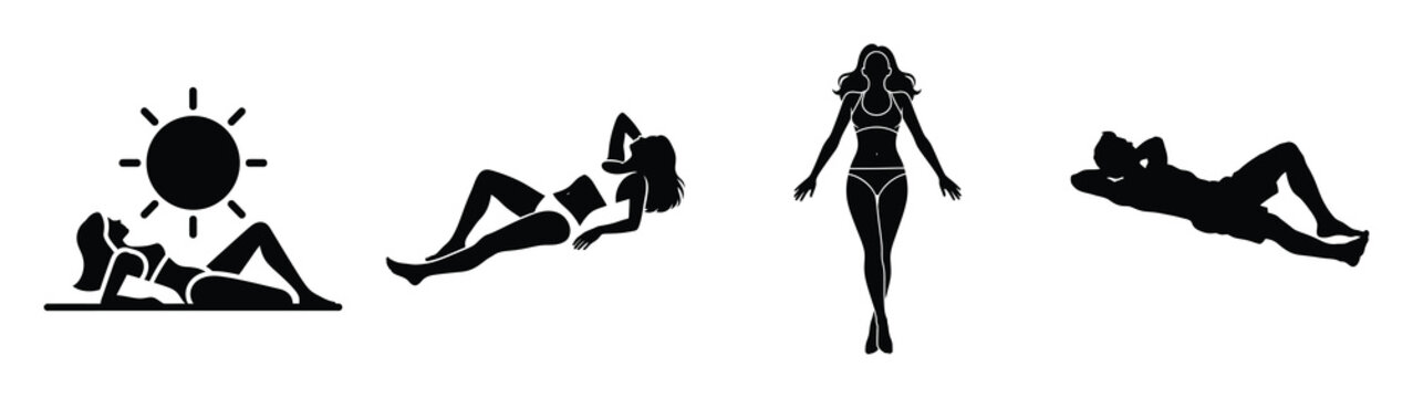 Collection of black summer sun tanning woman silhouette simple vector icon set and summer icons concept.