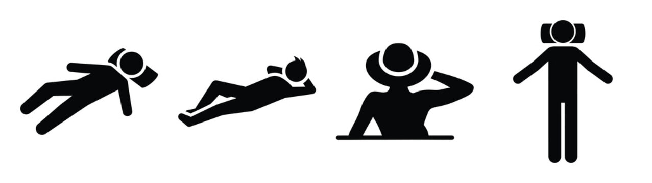 Collection of black summer sunbathing person silhouette simple vector icon set and summer icons concept.