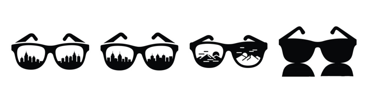 Collection of black summer sunglasses with reflection silhouette simple vector icon set and summer icons concept.