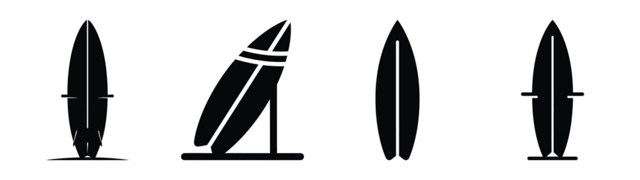 Collection of black summer surfboard leaning silhouette simple vector icon set and summer icons concept.