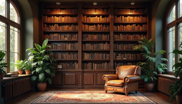 Cozy library interior with large bookshelves filled with books, comfortable leather armchair. Large windows let in natural light, illuminating warm, studious atmosphere. Plants add life to classic