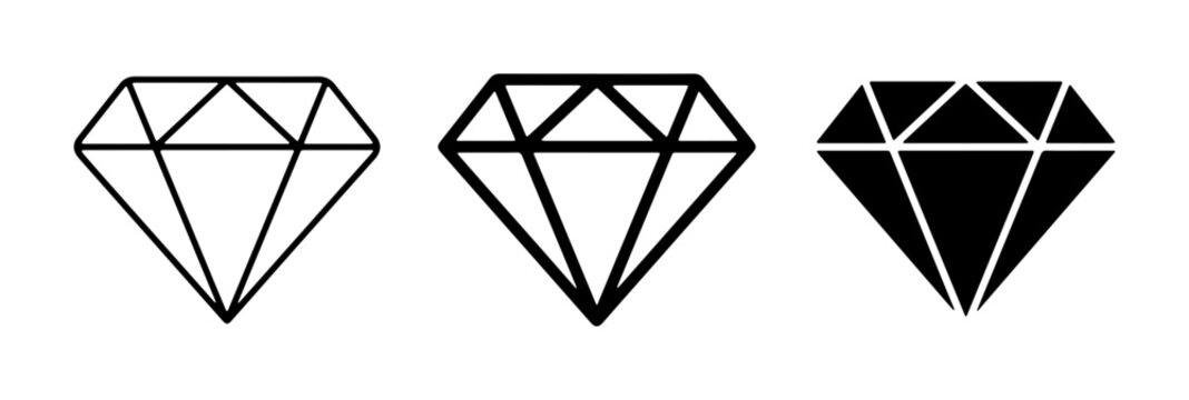 Diamond Icons Set: Outline, Filled, and Silhouette Gemstone Graphics for Luxury and Value Concepts