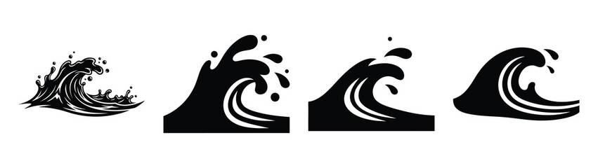 Collection of black summer water splash wave silhouette simple vector icon set and summer icons concept. © Shilpy