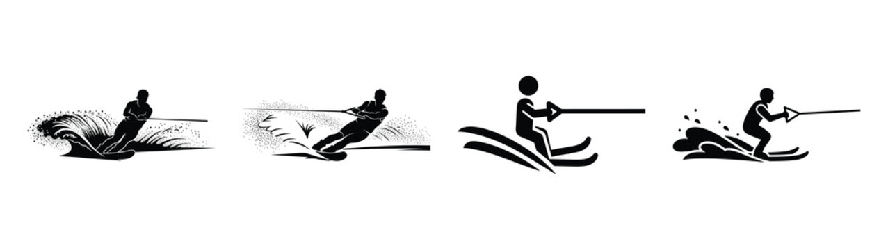 Collection of black summer water skiing silhouette simple vector icon set and summer icons concept.