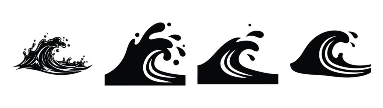 Collection of black summer water splash wave silhouette simple vector icon set and summer icons concept.