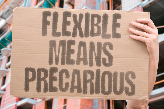 "Flexible Means Precarious" Gig economy flexibility rhetoric obscures systematic denial of fundamental employment and welfare protections. FLEXIBILITY. RHETORIC. OBSCURES. SYSTEMATIC. FUNDAMENTAL.