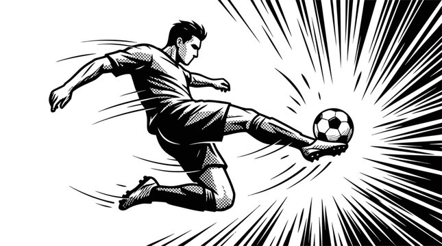 Dynamic soccer player performing a powerful kick, black and white comic style vector illustration with motion lines and explosive energy, perfect for sports design and branding.