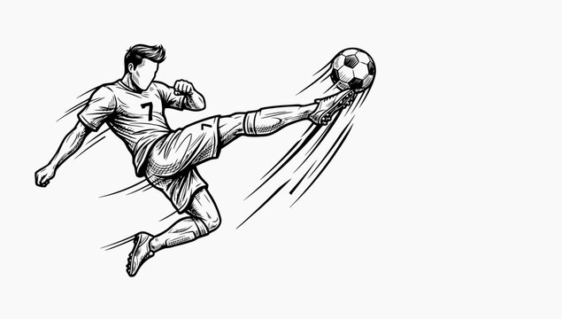 Dynamic football athlete kicking ball, detailed hand drawn illustration.