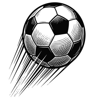 Dynamic soccer ball in motion with speed lines. Black and white vector illustration in engraving style, perfect for sports branding, posters and athletic design projects.