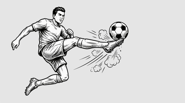Hand drawn football player kicking soccer ball with strong motion effect. Black and white sketch style sports illustration.