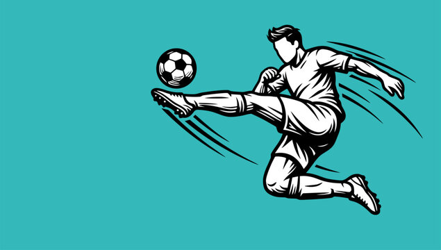 Energetic football player in action pose with flying soccer ball. Detailed monochrome vector artwork ideal for sports branding, club identity and merchandise.