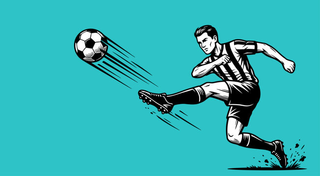 Powerful football striker shooting the ball during match. Vintage engraving style vector perfect for sports logos, apparel prints, tournament banners and game promotions.