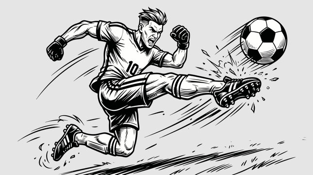 Football player in dramatic action pose with motion effects. Sports vector illustration ideal for championship ads and soccer graphics.