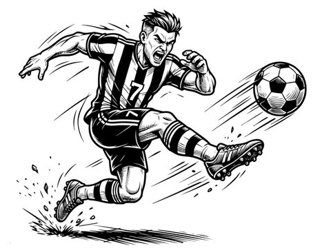 Professional football player striking the ball with power. Monochrome vector sports artwork ideal for soccer promotions, sportswear prints, and championship graphics.