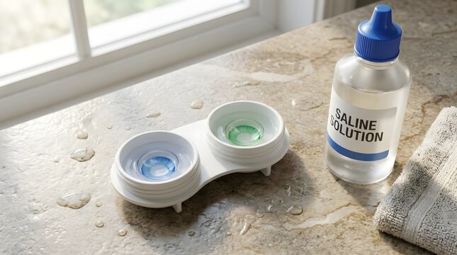 Ophthalmologist's Day : Close-up of contact lens case and saline solution bottle on a marble surface, next to a window. The scene has a clean, sterile feel
