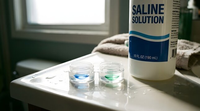 Ophthalmologist's Day : Contact lens care products on a bathroom counter, a perfect shot for health or hygiene projects. Includes a bottle of saline solution and lens cases