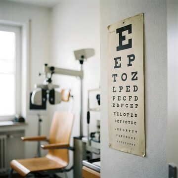 Ophthalmologist's Day : A vintage eye chart hangs in an optometrist's examination room. The room has a neutral color palette, with a chair and examination equipment.