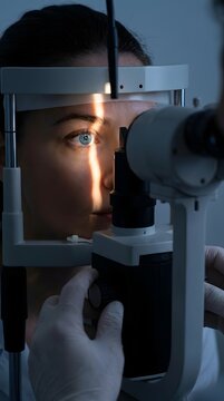 Ophthalmologist's Day : An eye examination with a slit lamp by an ophthalmologist, focusing on the patient's eye