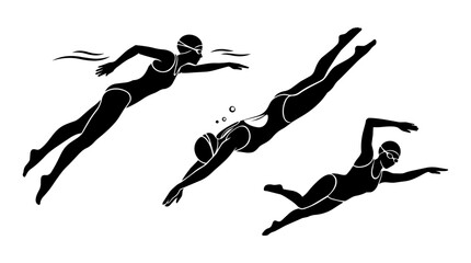Fototapeta premium Swimmers swimming freestyle in water silhouette. Black silhouettes show strong motion and competitive mood.