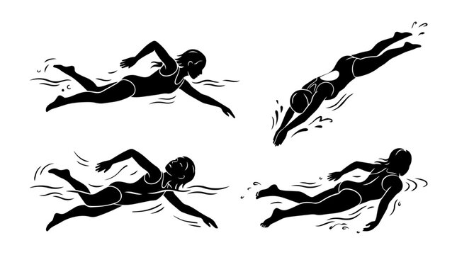 Swimmers execute freestyle strokes and dives against a studio background with bold black silhouettes and fluid splash conveying energetic motion.