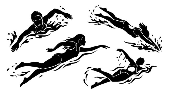 Stylized swimmer silhouettes gliding in water. Bold splash shapes convey dynamic motion and stark contrast.