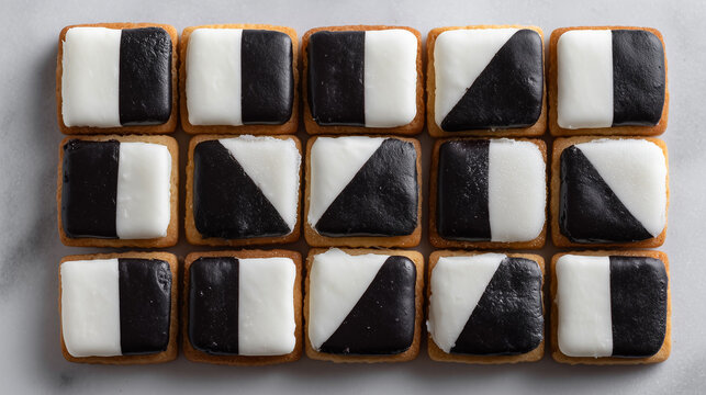 Top view of minimal black and white geometric pattern icing cookies