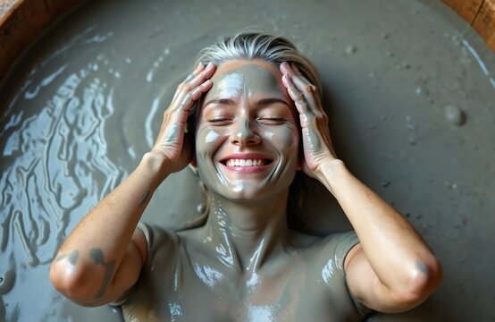 Smiling woman with eyes closed gets full body mud bath treatment. Applying therapeutic gray clay paste for skin care, rejuvenation in natural wellness spa pool. Relaxing mud bath, beauty therapy.